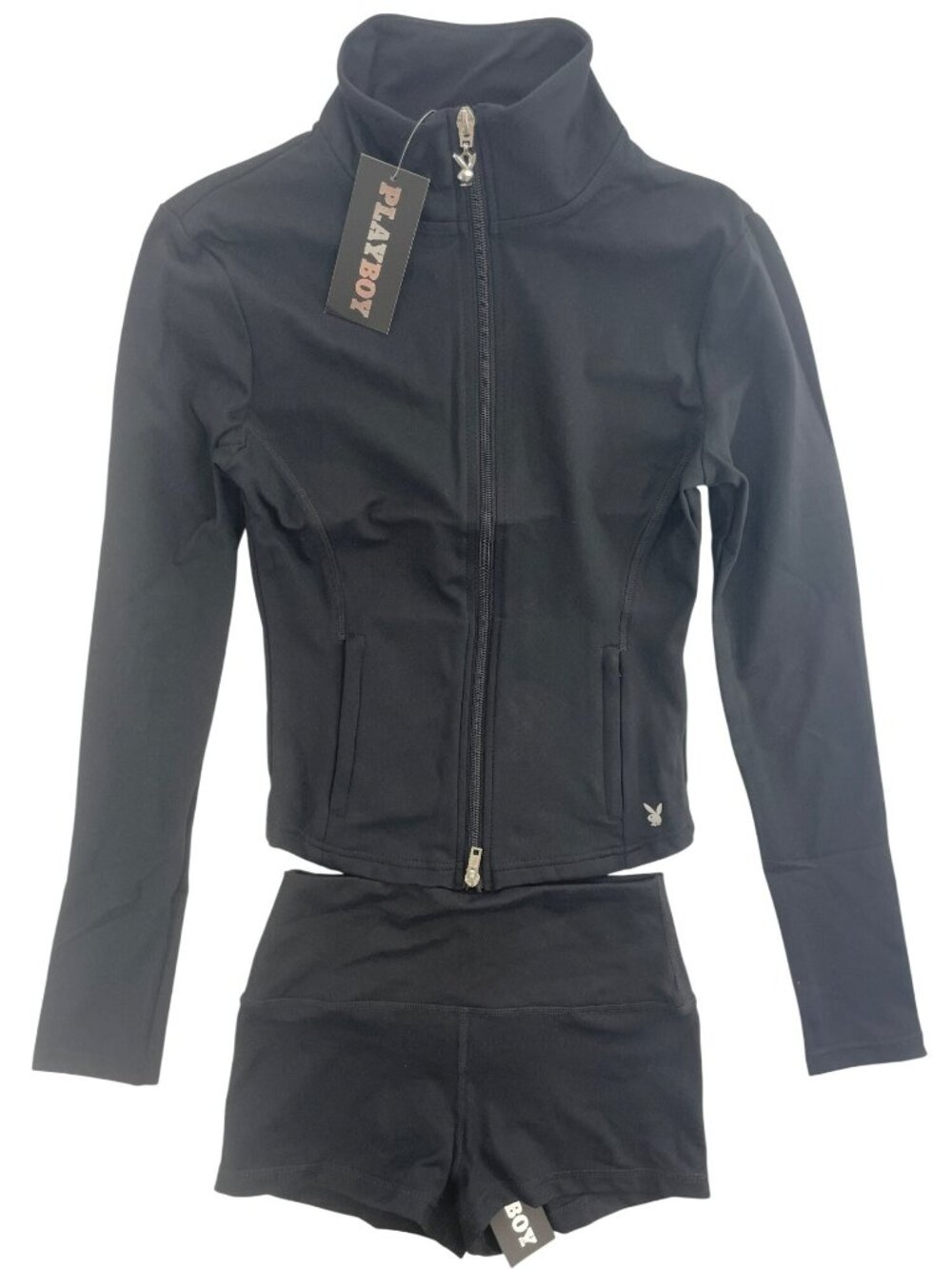 Playboy Jacket & Shorts 2-PIECE-SET Stretchy Black Full-Zip Women's Size S NWT